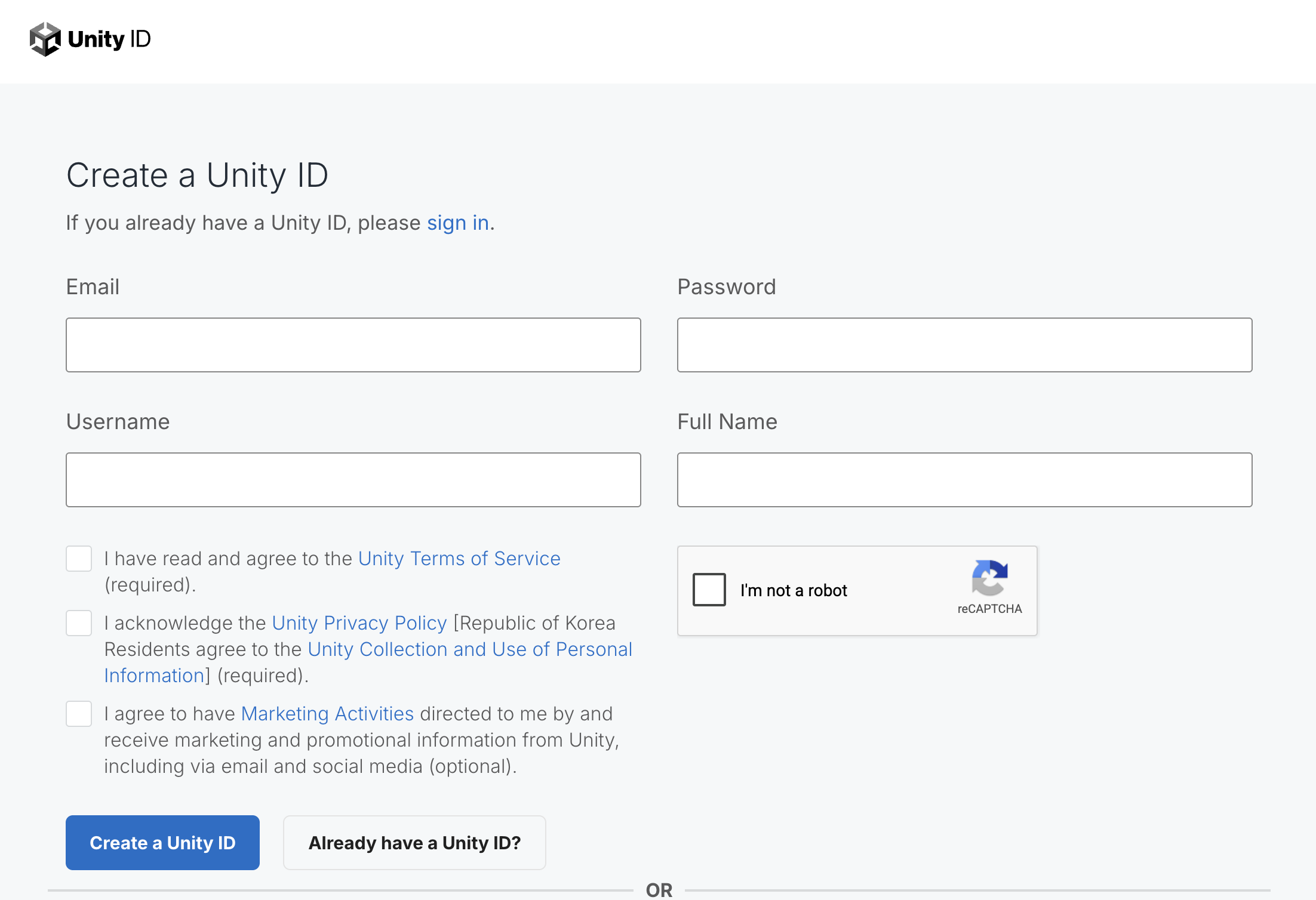 Formulář Create a Unity ID s poli e-mail, heslo, uživatelské jméno a celé jméno, a se zaškrtávátky souhlasů.