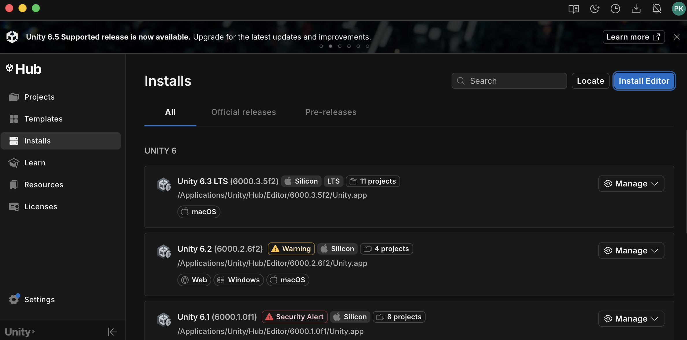 Sekce Installs v Unity Hubu s tlačítkem Install Editor vpravo nahoře a se seznamem nainstalovaných verzí editoru.